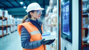 Técnica de logística ou farmacêutica, vestindo um capacete de segurança branco e colete laranja, inspeciona um pacote termolábil (possivelmente vacinas ou amostras) em um ambiente de armazém refrigerado. Ela está olhando para um painel digital que exibe $47.8$ (leitura de temperatura), representando o monitoramento crucial da Cadeia do Frio.