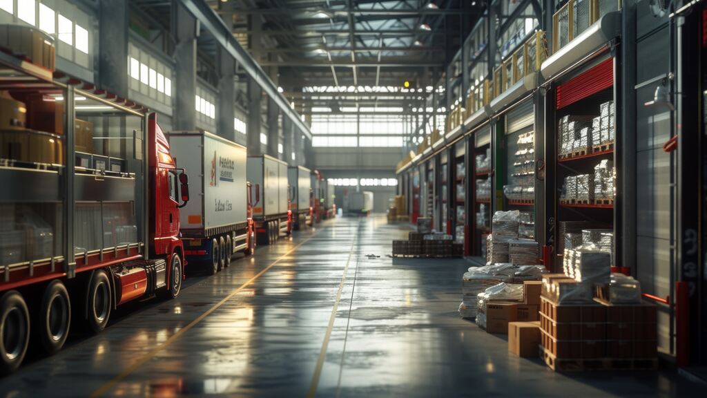 transporte-refrigerado Vista interna ampla de um grande centro de distribuição ou armazém frigorífico. Fileiras de caminhões de transporte refrigerado (carretas baú brancas e vermelhas) estão estacionadas ao longo da doca de carregamento, com prateleiras de paletes ao fundo. A imagem ilustra a infraestrutura de transporte e logística necessária para manter a Cadeia do Frio.