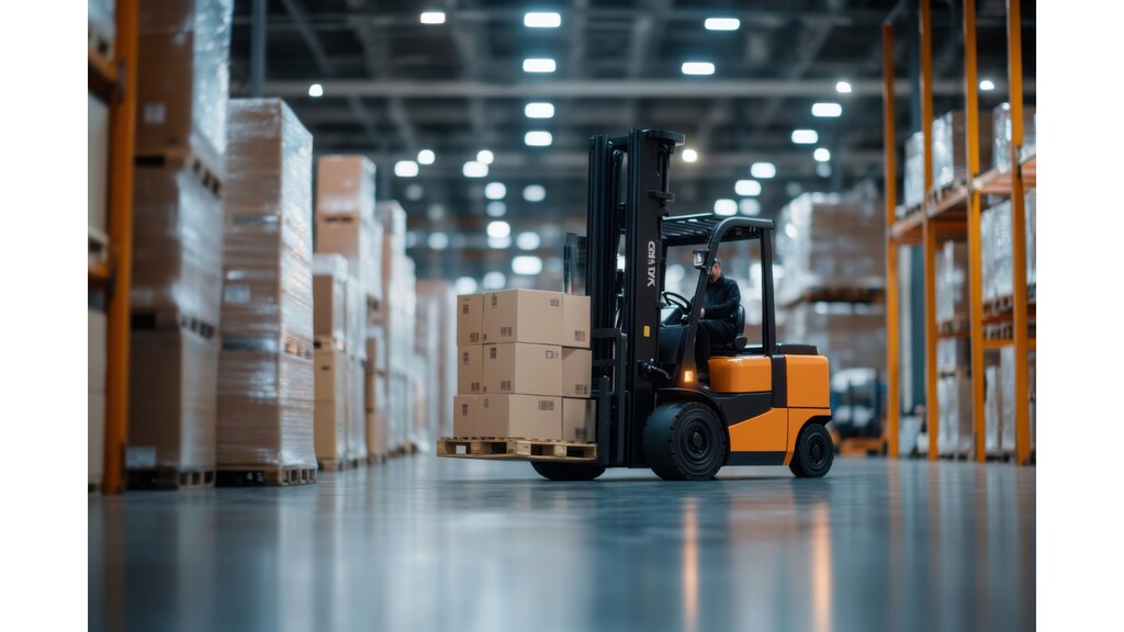 acidente com empilhadeira corredor estoque.jpg Empilhadeira operando em corredor de estoque, ambiente onde pode ocorrer acidente com empilhadeira