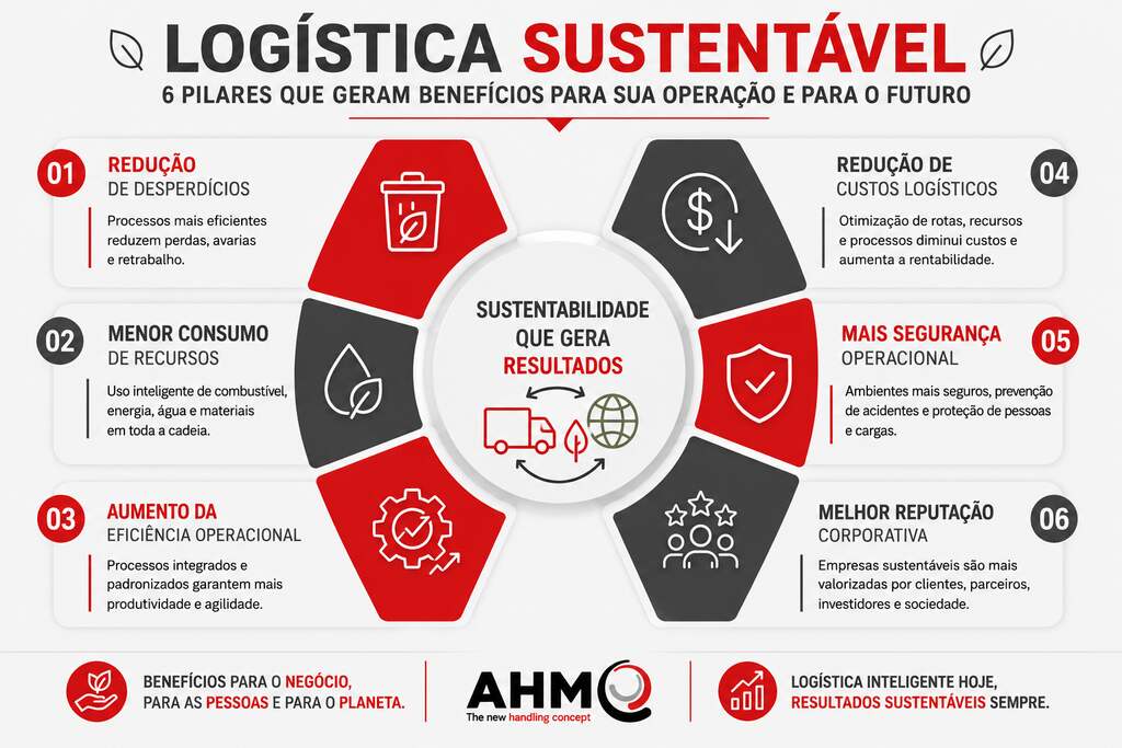 beneficios da logistica sustentavel seis pilares ahm Infográfico apresentando os seis pilares da logística sustentável: redução de desperdícios, menor consumo de recursos, aumento da eficiência operacional, redução de custos logísticos, segurança operacional e reputação corporativa.