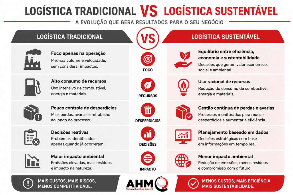 comparativo logistica tradicional vs logistica sustentavel ahm (1) Comparativo entre logística tradicional e logística sustentável mostrando diferenças em eficiência operacional, consumo de recursos, desperdícios, tomada de decisões e impacto ambiental.