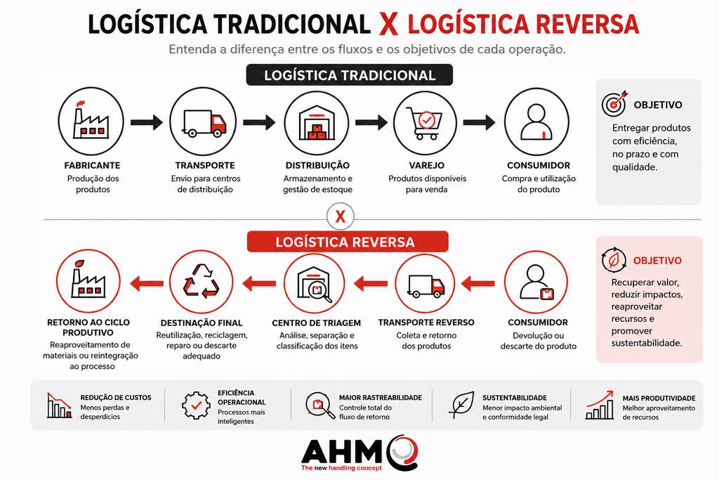 comparativo logistica tradicional e logistica reversa Comparativo entre logística tradicional e logística reversa, destacando as diferenças entre os fluxos operacionais e os objetivos de cada processo.