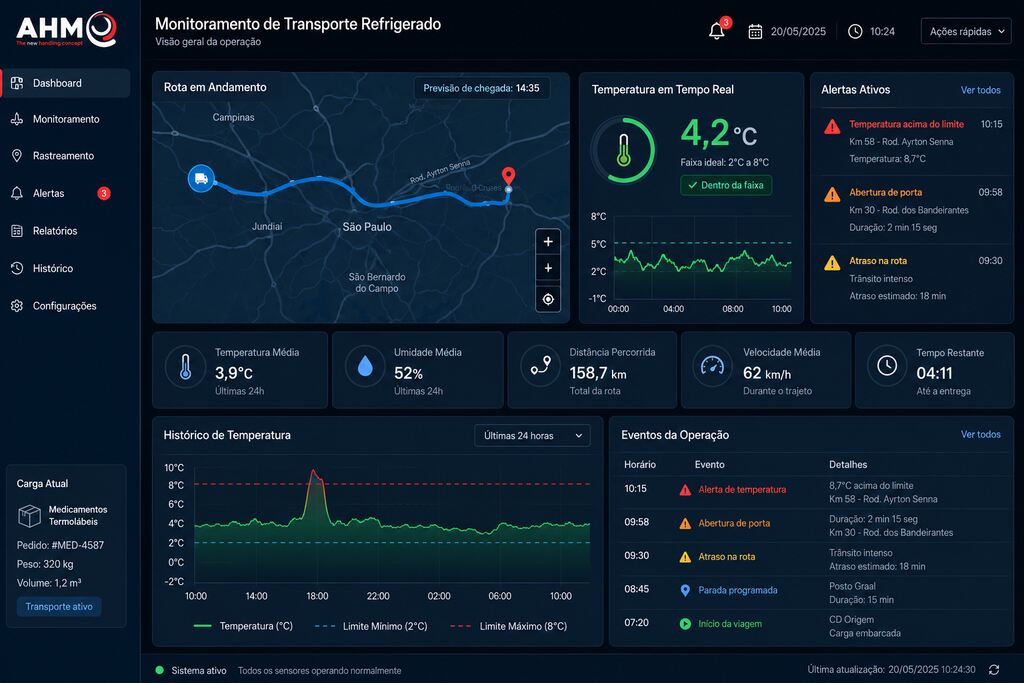 dashboard monitoramento transporte medicamentos Dashboard de monitoramento do transporte de medicamentos refrigerados com mapa da rota, temperatura em tempo real, alertas, rastreamento e histórico térmico da carga.
