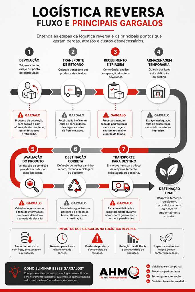 gargalos da logistica reversa Infográfico mostrando o fluxo da logística reversa e os principais gargalos operacionais, desde a devolução do produto até sua destinação final.
