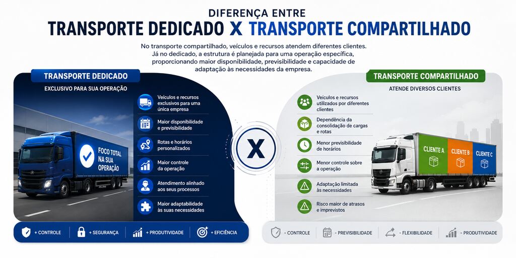 transporte dedicado transporte compartilhado Infográfico comparativo entre transporte dedicado e transporte compartilhado, destacando disponibilidade, flexibilidade, nível de serviço, controle, produtividade, custos, previsibilidade e gestão de indicadores.